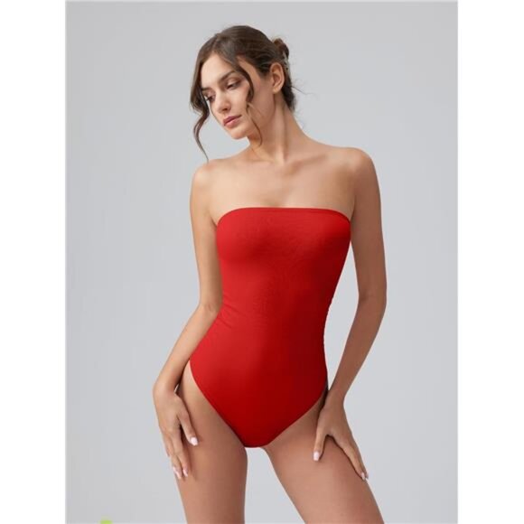 Womens Tube Bodysuits Strapless Basic Red - Picture 4 of 6
